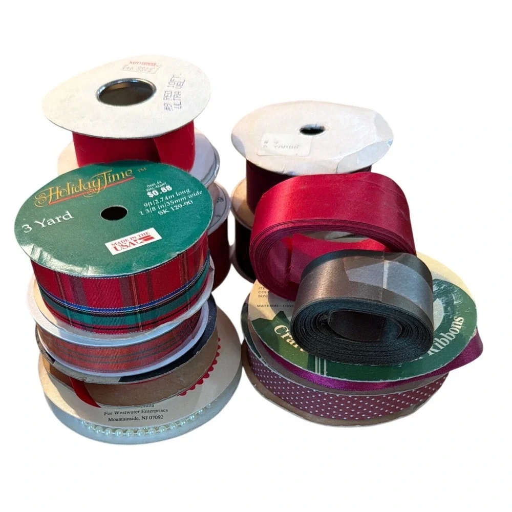 Offray MJD Designs Vintage Ribbon Lot 11pc Red Burgundy Brown Plaid Mixed Sizes